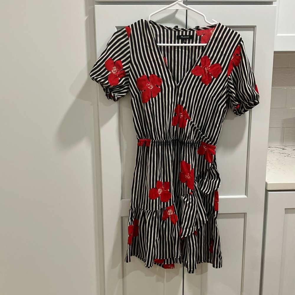 Madewell Women's Bianca Ruffle Floral Striped Faux Wrap Tiered Mini Dress